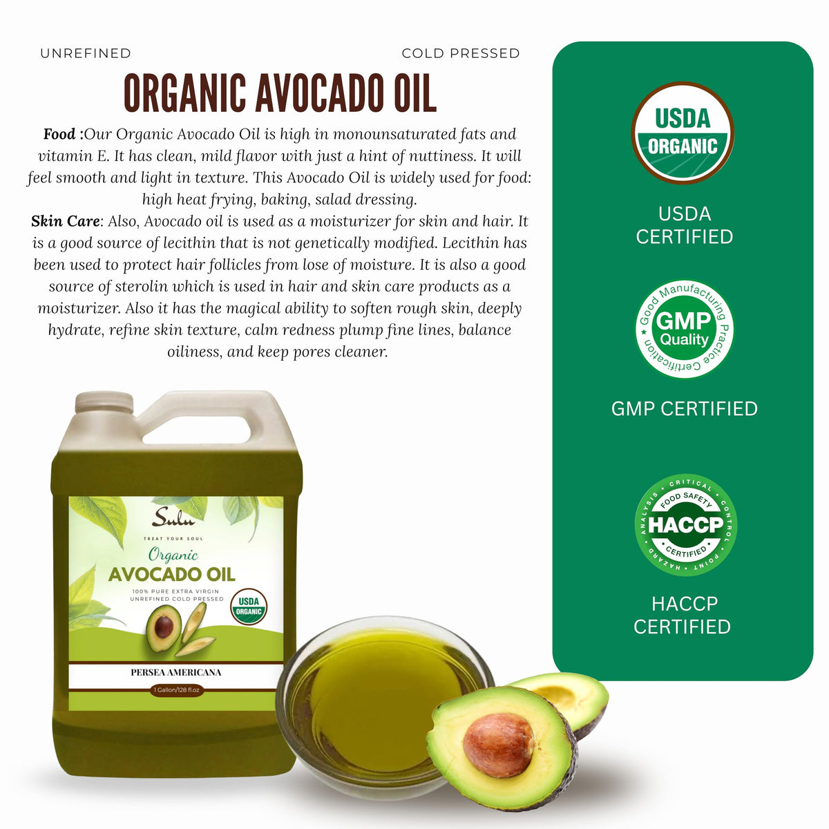 SULU Organics avocado oil close-up highlights nutrient-rich, unrefined quality.