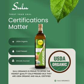 Sulu Organics avocado oil label highlighting USDA Organic and cold-pressed quality.