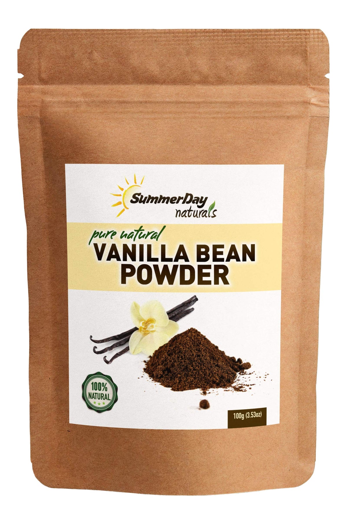 Summer Day Naturals Vanilla Bean Powder packaging closeup highlighting fresh aroma ideal for coffee