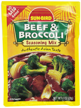 Sun-Bird beef and broccoli seasoning packets ready for quick meals.