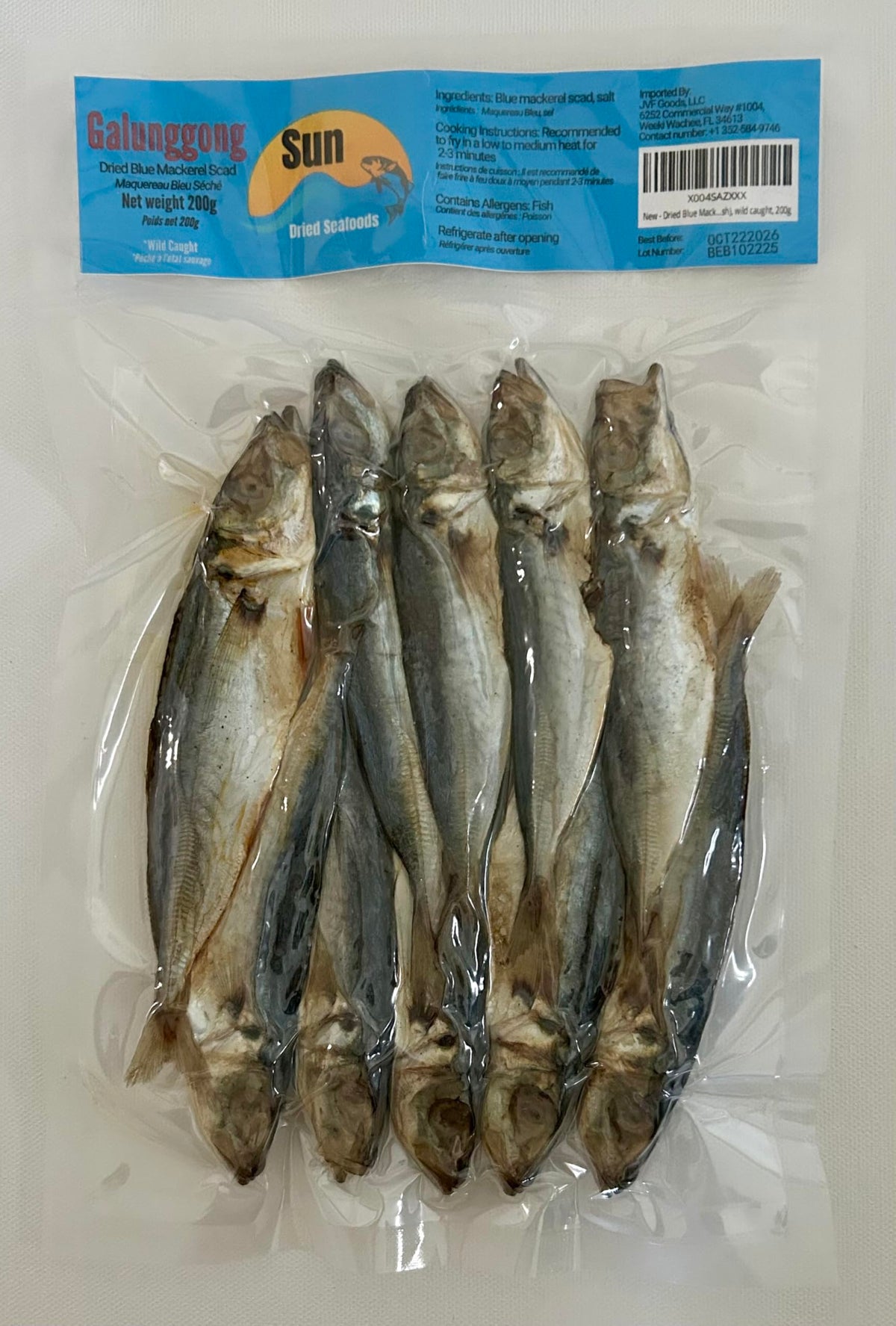 Sun Dried Seafoods dried blue mackerel buo closeup reveals flaky texture for quick meals.