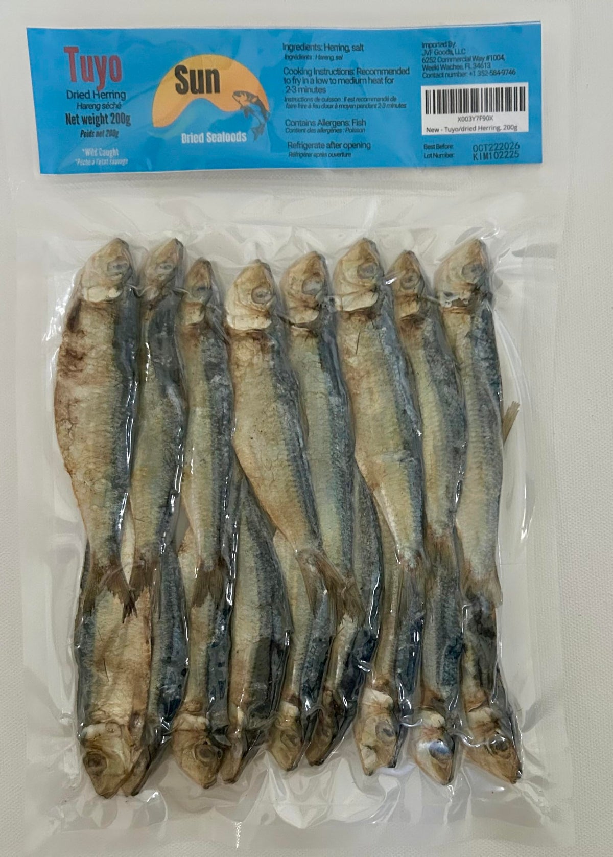 Sun Dried Seafoods dried herring packaging highlights vacuum sealed freshness for pantry storage.