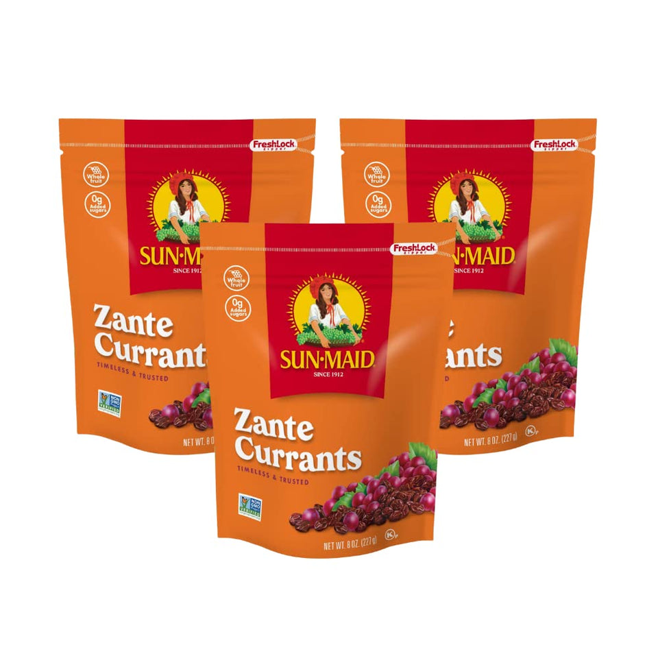 Sun-Maid California Zante Currants 3-pack box for quick, healthy snacking.