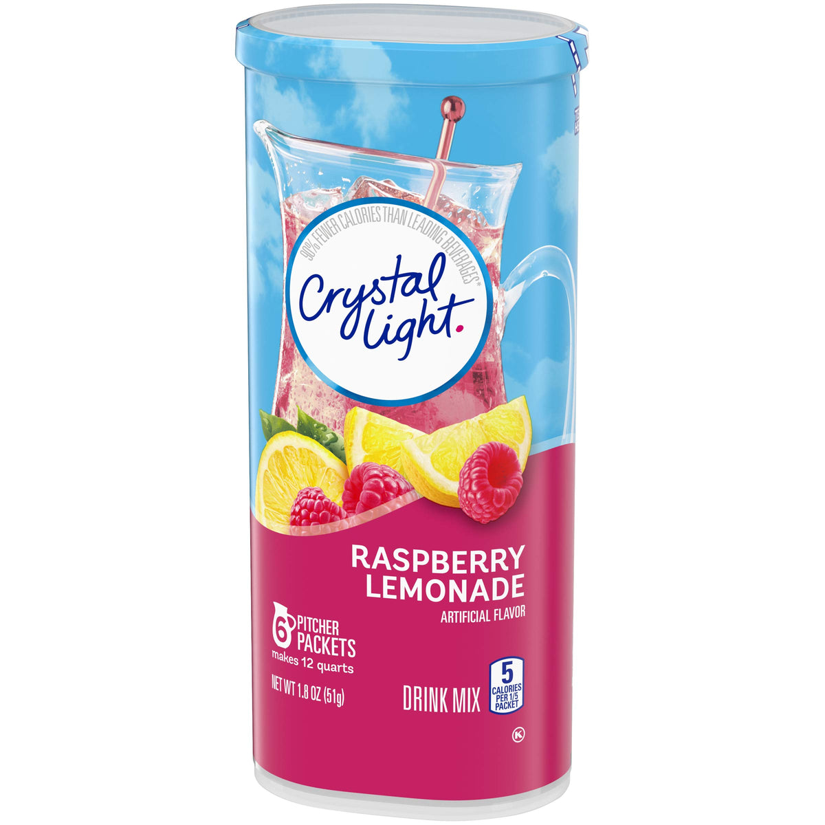 Sun-Maid Crystal Light Raspberry Lemonade finished drink in a tall ice-filled glass.