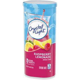 Sun-Maid Crystal Light Raspberry Lemonade finished drink in a tall ice-filled glass.