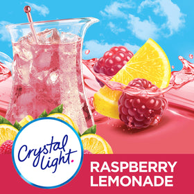 Sun-Maid Crystal Light Raspberry Lemonade glass with ice, a refreshing on-the-go option.