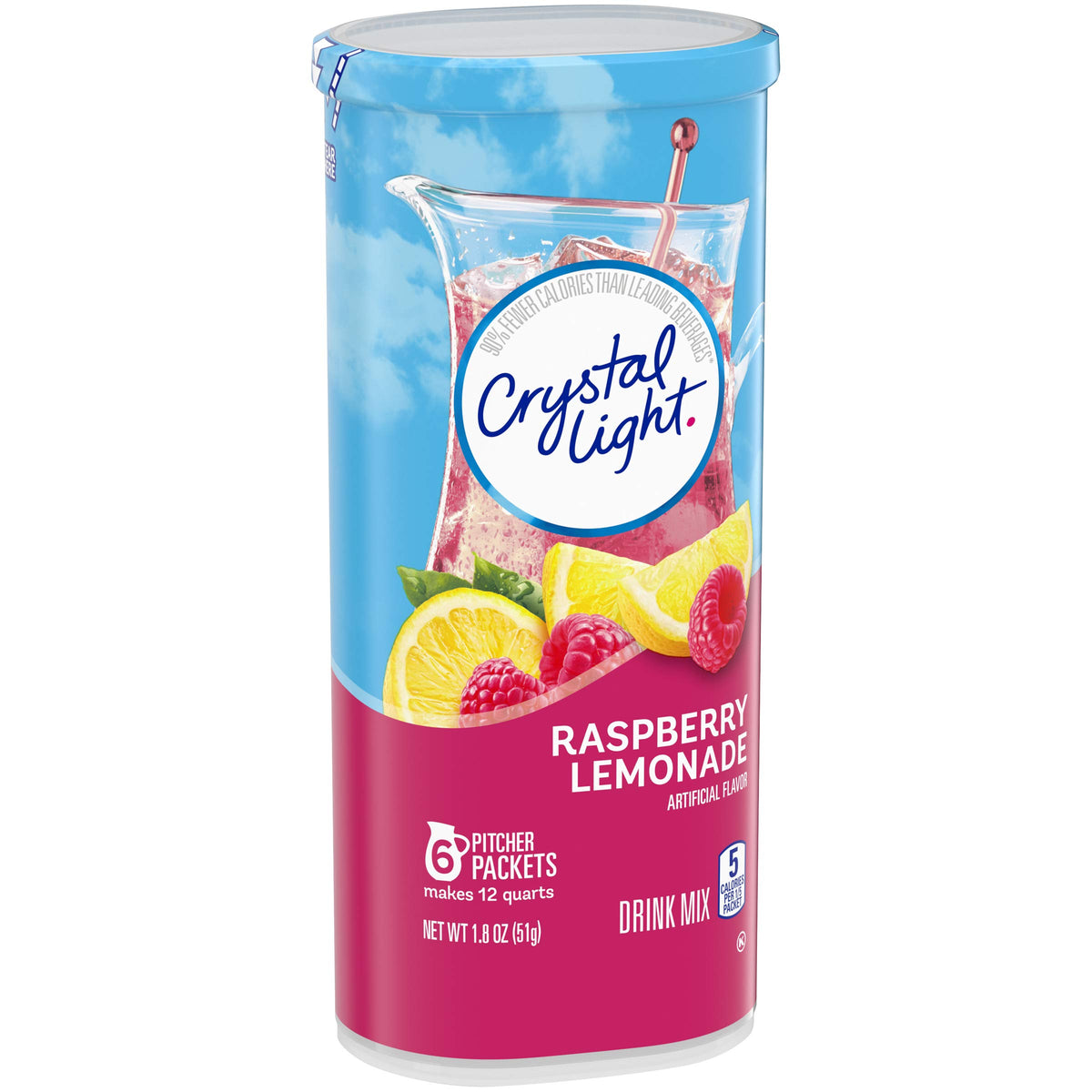 Sun-Maid Crystal Light Raspberry Lemonade packet closeup with powder and flavor hints.