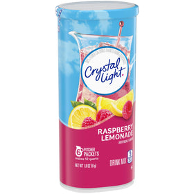 Sun-Maid Crystal Light Raspberry Lemonade packet closeup with powder and flavor hints.