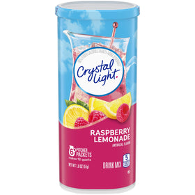 Sun-Maid Crystal Light Raspberry Lemonade packet being poured for a quick, low-calorie refreshment.