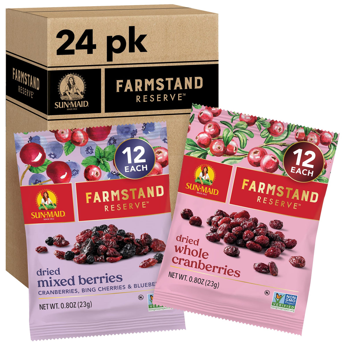 Sun-Maid Farmstand Reserve front packaging showing 24-count variety for holiday snacking.