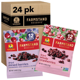 Sun-Maid Farmstand Reserve front packaging showing 24-count variety for holiday snacking.