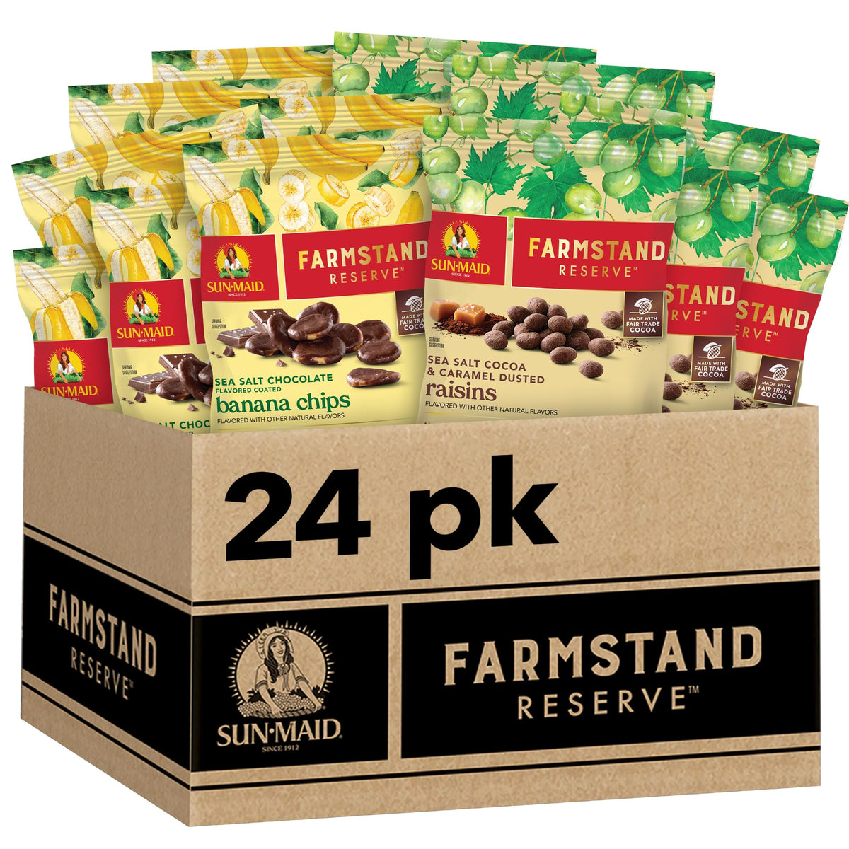 Sun-Maid Farmstand Reserve sea salt chocolate coated banana chips crunchy and shareable.