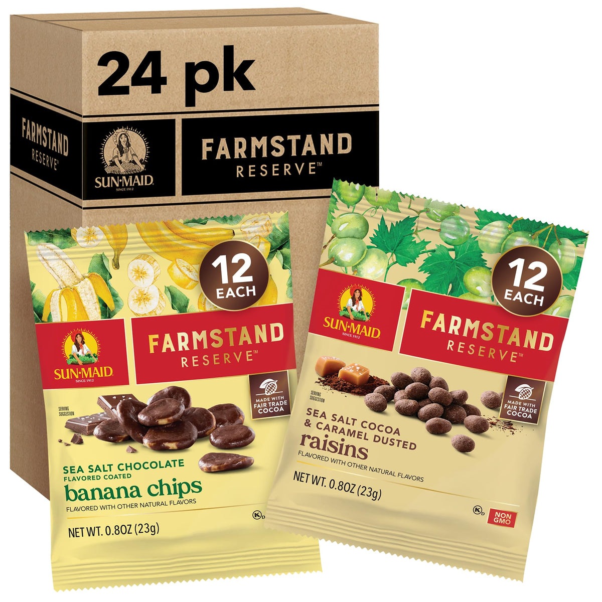 Sun-Maid Farmstand Reserve sea salt cocoa dusted raisins ready to snack on the go.