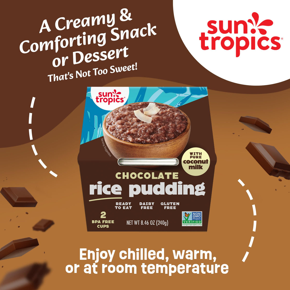 Sun Tropics coconut milk rice pudding cinnamon cup—gluten-free vegan snack.