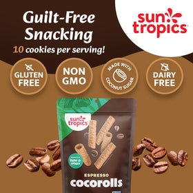Sun Tropics CocoRolls Espresso gluten-free and dairy-free badge visible.