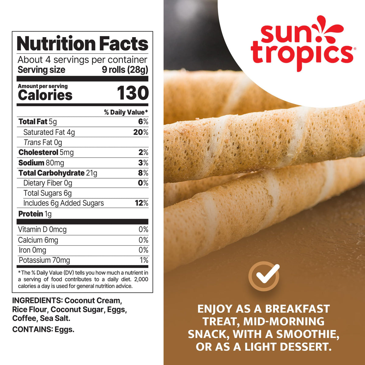Sun Tropics CocoRolls Espresso natural ingredients list emphasized.