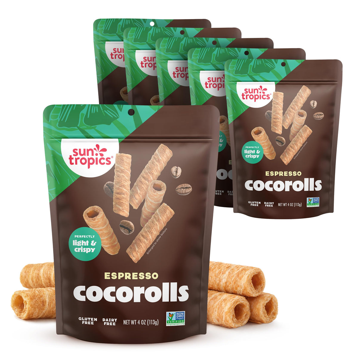 Sun Tropics CocoRolls Espresso packaging, travel-friendly snack.