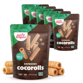 Sun Tropics CocoRolls Espresso packaging, travel-friendly snack.