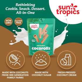 Sun Tropics CocoRolls Original Packaging Back, contains dairy-free, gluten-free wafers.