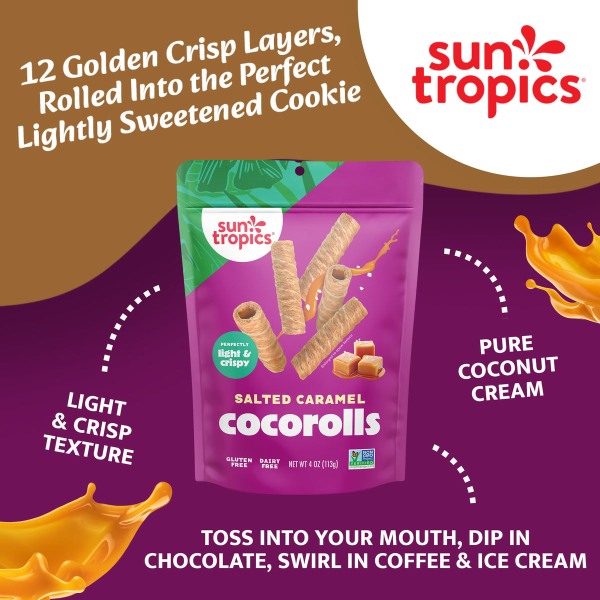 Sun Tropics CocoRolls Salted Caramel close-up, crisp rolled wafers made with coconut cream.