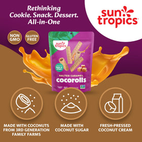 Sun Tropics CocoRolls Salted Caramel shown dipped in chocolate sauce for dipping ideas.