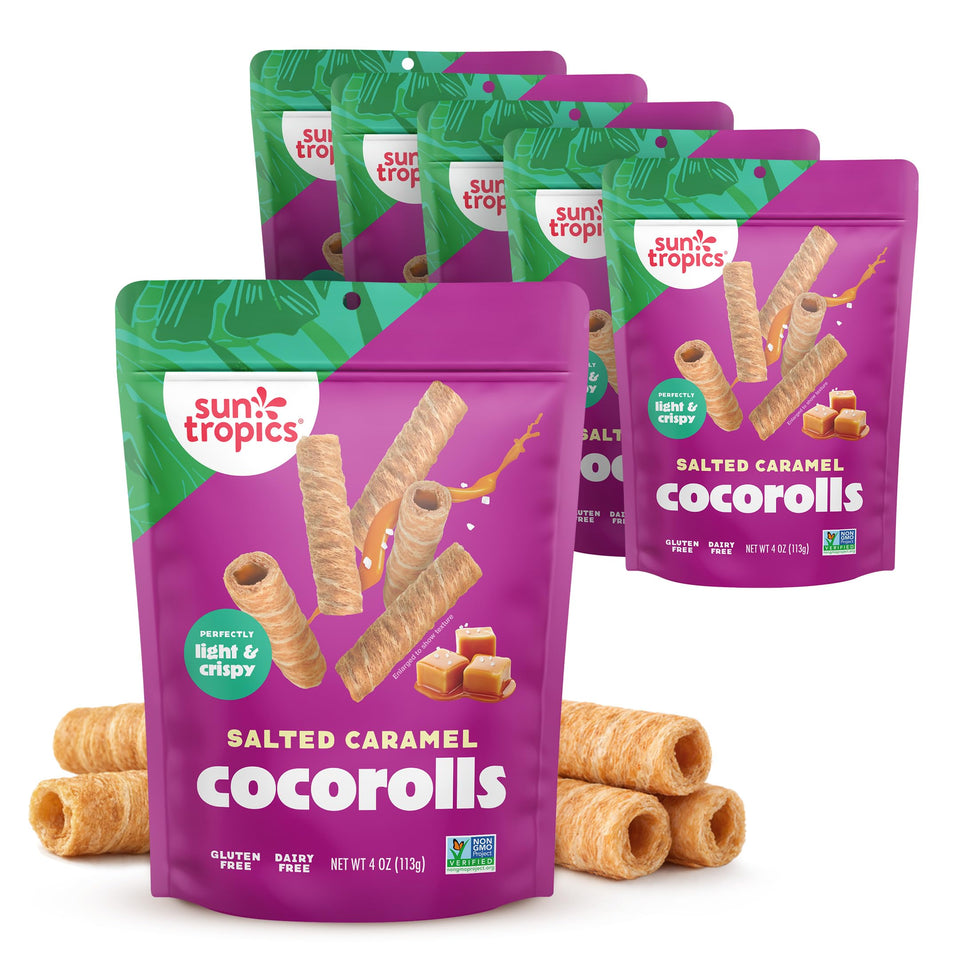 Sun Tropics CocoRolls Salted Caramel front pack, convenient resealable pouch for on-the-go snacking.
