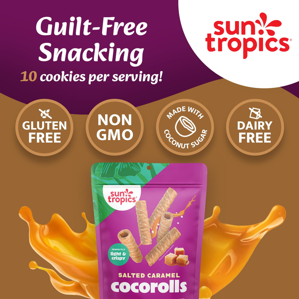 Sun Tropics CocoRolls Salted Caramel label highlighting gluten-free and dairy-free attributes.
