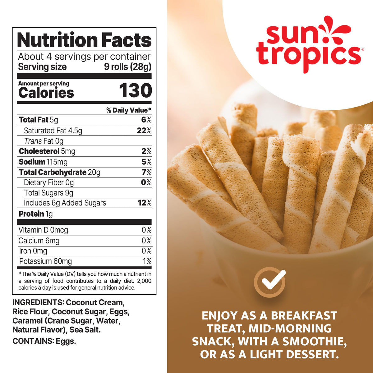 Sun Tropics CocoRolls Salted Caramel flavor close-up on a platter.