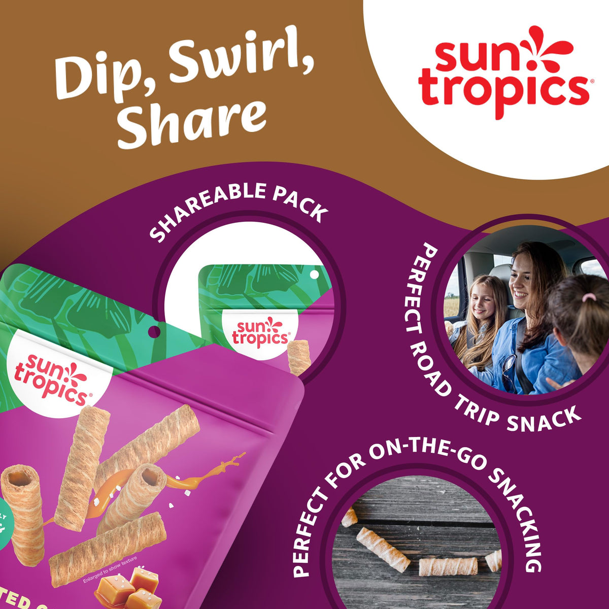 Sun Tropics CocoRolls Salted Caramel resealable pouch enabling shareable snacks at home.
