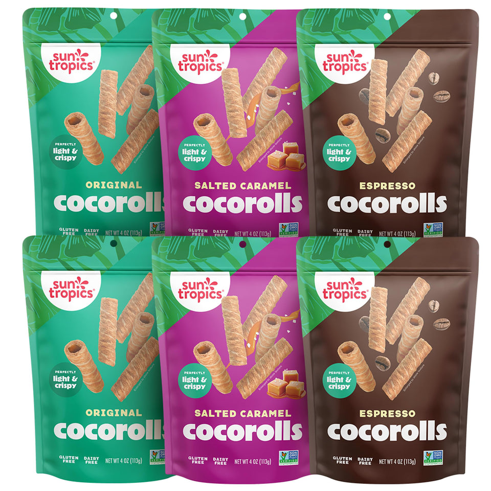 Sun Tropics CocoRolls variety pack six-count on display, ideal for sharing
