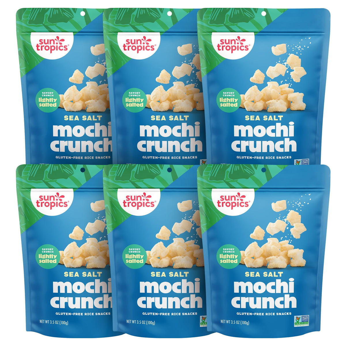 Sun Tropics Mochi Crunch Sea Salt bites closeup showcase crisp texture.
