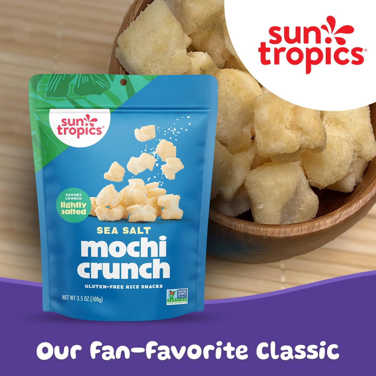 Sun Tropics Mochi Crunch Tamari Teriyaki bites plated for tasting.