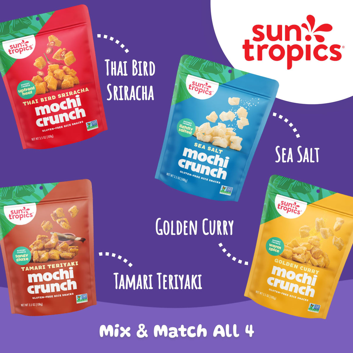 Sun Tropics Mochi Snack Bites Gluten-Free Dairy-Free label on-pack benefit
