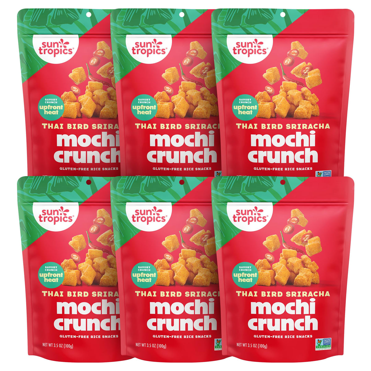 Sun Tropics Mochi Snack Bites Thai Bird Sriracha packaging showing bold flavor cue and crunch