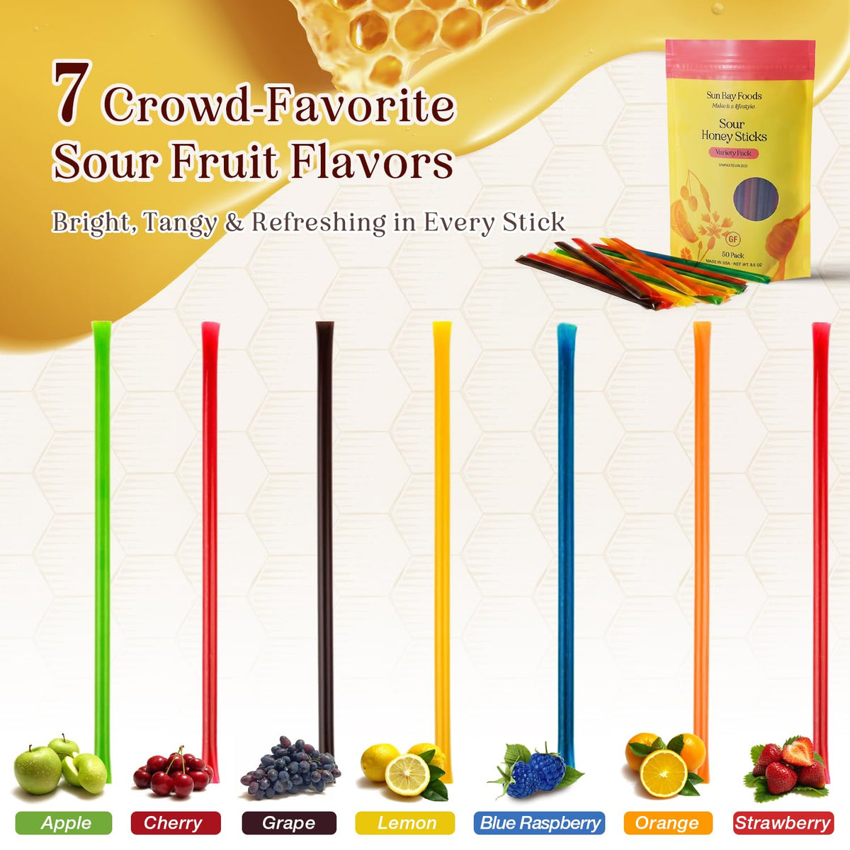Sun Bay Foods flavored honey sticks beside yogurt for a tasty breakfast boost.