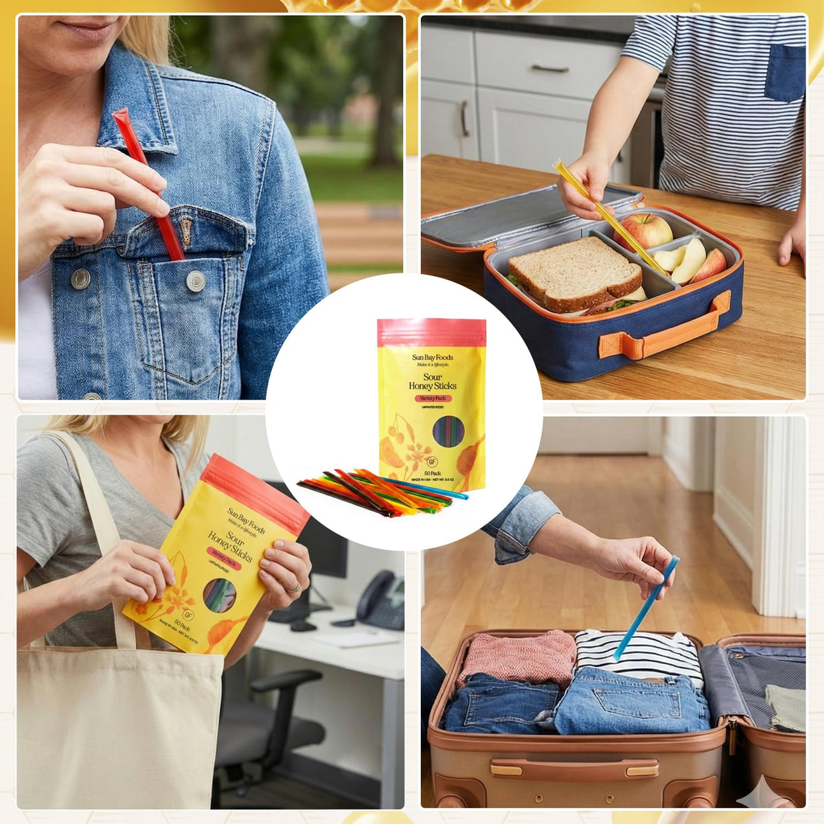 Sun Bay Foods USA-made honey sticks on a family breakfast table.