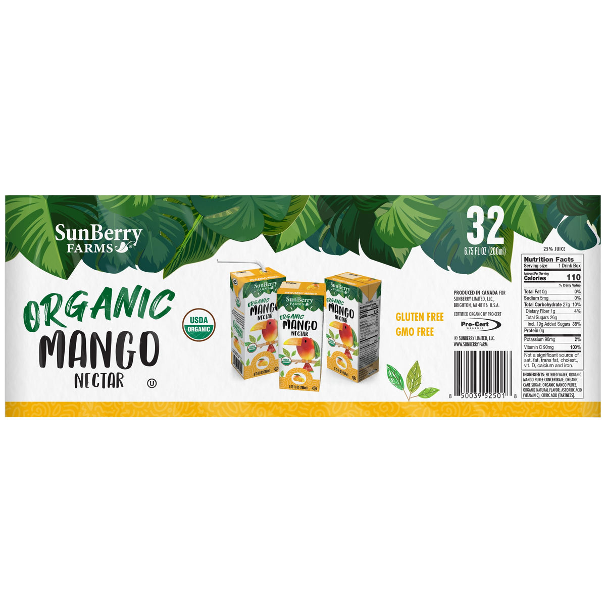 32-pack display of Sunberry Farms mango nectar for bulk refreshment.