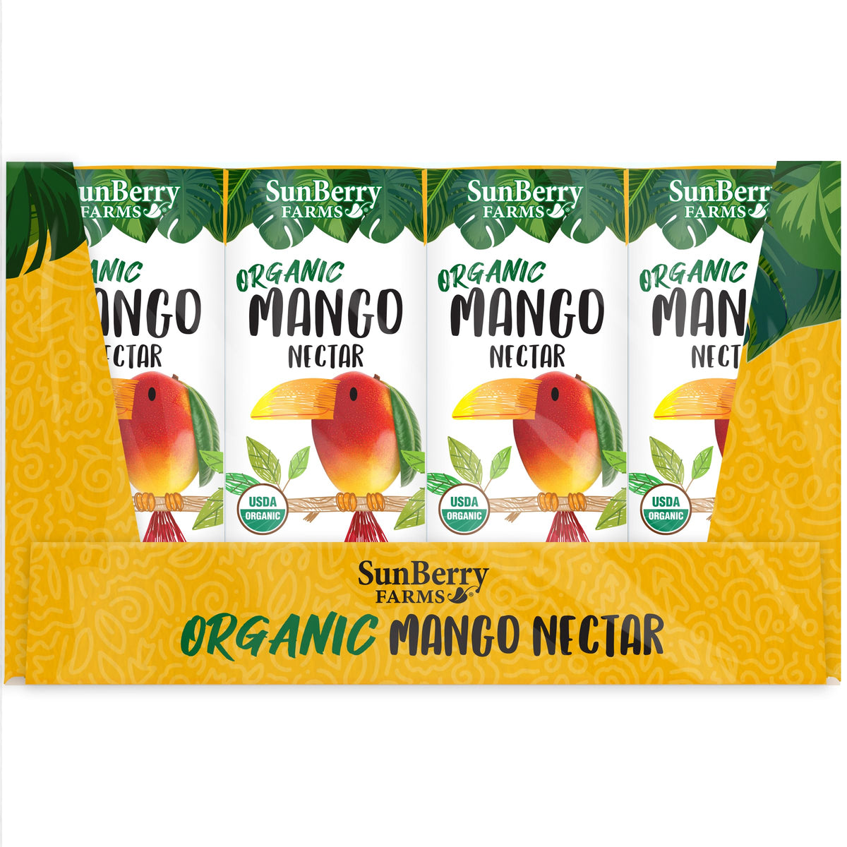 Pour Sunberry Farms Mango Nectar into a glass for a tropical aroma.