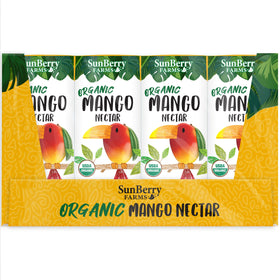 Pour Sunberry Farms Mango Nectar into a glass for a tropical aroma.