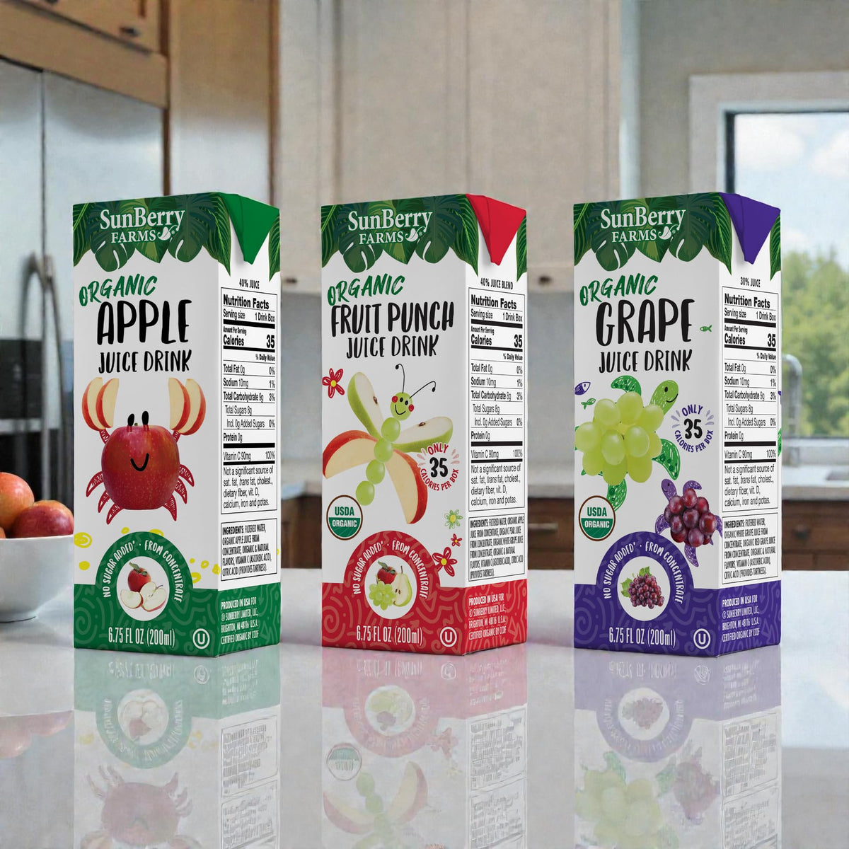 Sunberry Farms Organic certification seal on juice boxes for wholesome choice