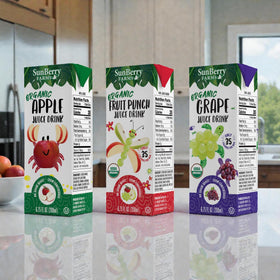 Sunberry Farms Organic certification seal on juice boxes for wholesome choice