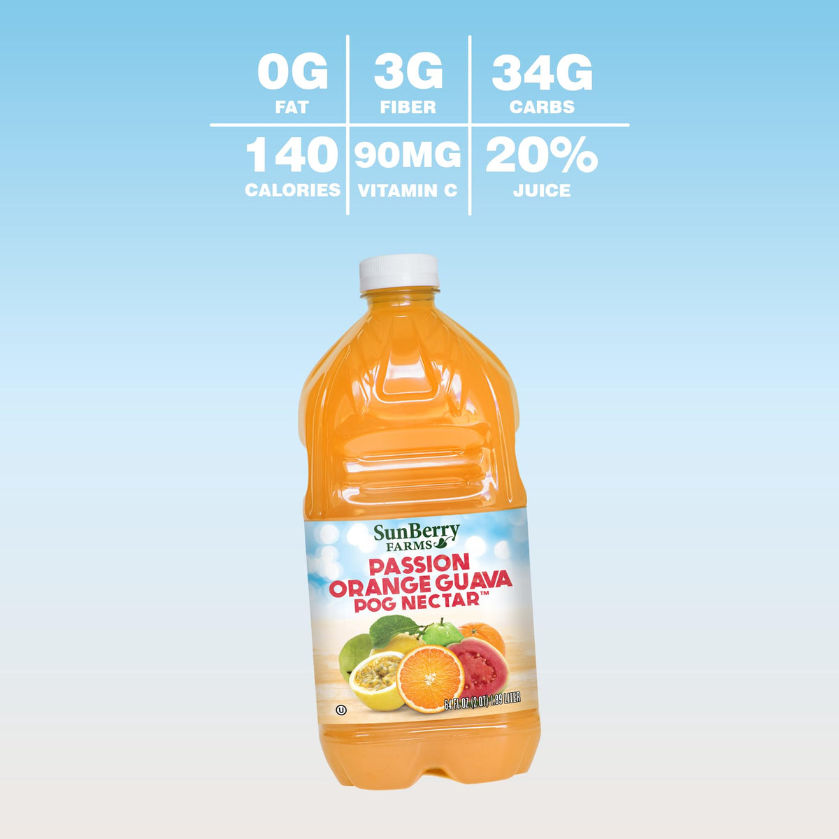 Sunberry Farms POG Nectar 64oz bottle ideal for sharing at parties.