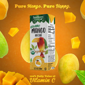 Eco-friendly, recyclable packaging keeps Sunberry Farms mango nectar easy to store.