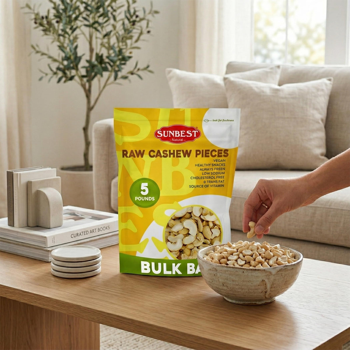 Sunbest Natural cashews on a snack plate offer clean, convenient munching