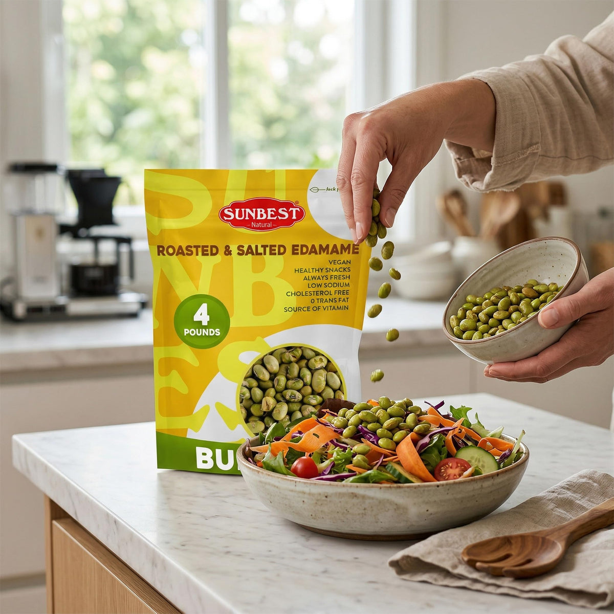 Sunbest Natural edamame in pantry or lunchbox for convenient plant-based protein.