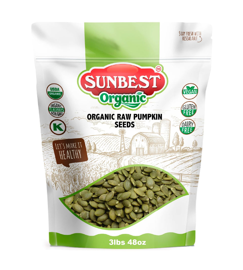Sunbest Natural Organic Raw Pumpkin Seeds bulk bag — protein-rich snack option