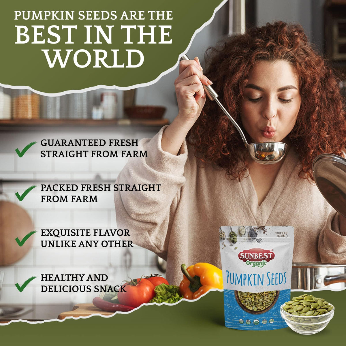 Sunbest Natural Organic Raw Pumpkin Seeds sprinkles on salad add crunch