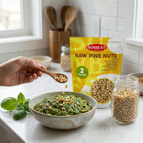 SUNBEST NATURAL pine nuts snack bowl; healthy energy-boosting bite.
