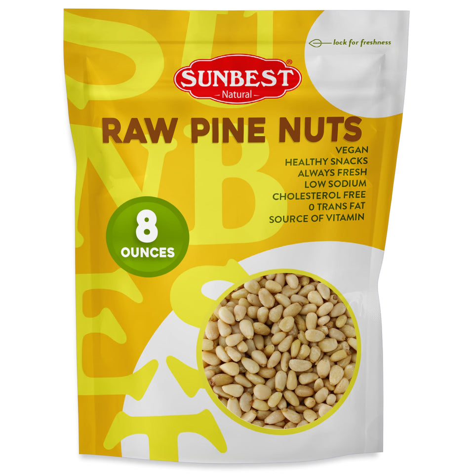 Sunbest Natural raw pine nuts, shelled, ready to eat for pesto and baking.