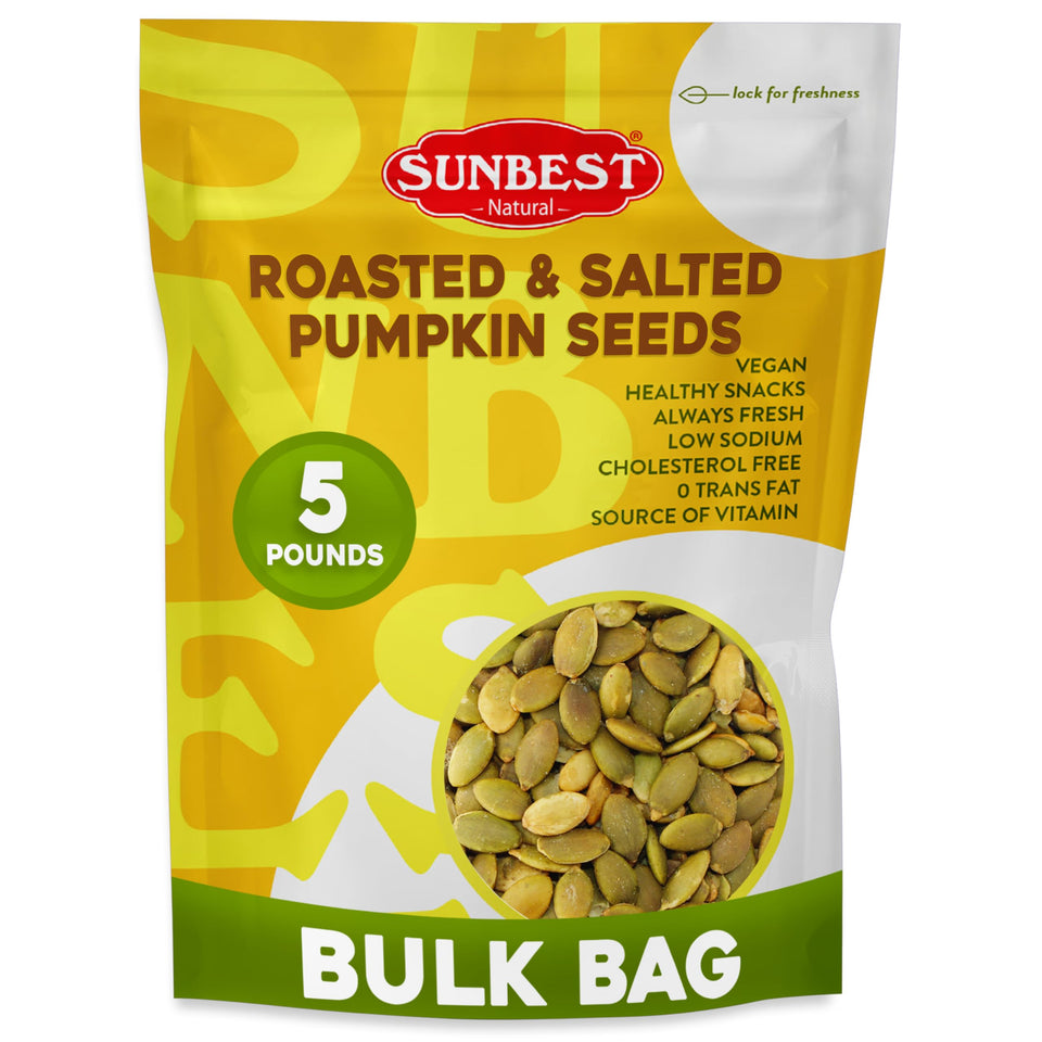 Sunbest Natural roasted pumpkin seeds bulk 5lb bag for easy snacking and cooking.